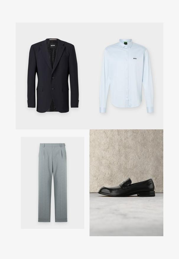 Marineblauwe blazer van textuurstof, met een sluiting met twee knopen, geknipte revers en twee voorzakken. Gevoerde binnenkant met patroon.; Lichtblauw overhemd met lange mouwen, knopen en kraag, zwart "BOSS"-logo op de linkerborst en manchetten met knopen.; Lichtgrijze broek van een textuurstof met een recht model, enkele plooien en omgeslagen broekspijpen. Minimalistische en op maat gemaakte uitstraling.; Zwarte leren loafer met metalen accent, zwevend weergegeven boven een beige tapijt, met een ronde, amberkleurige tafel op de achtergrond.