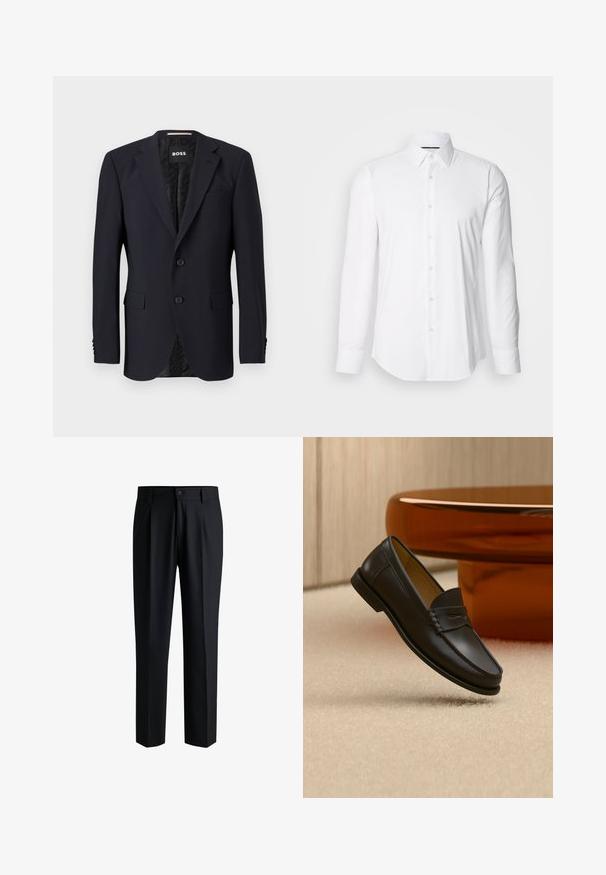 Námornícky modrý blazer vyrobený z texturovanej látky, so zapínaním na dva gombíky, klopovými goliermi a dvomi prednými vreckami. Podšívka s vzorom.; Biela košeľa s dlhými rukávmi vyrobená z hladkej tkaniny, s klasickým golierom a zapínaním na gombíky, s obrúbeným spodným okrajom. Gombíky sú jemne lesklé.; Čierne nohavice vyrobené z hladkej tkaniny, s rovnými nohavicami, záhybmi vpredu a zapínaním na gombík s pútkami na opasok.; Čierny kožený mokasín zavesený nad béžovým kobercom s moderným nábytkom farby jantáru v pozadí.