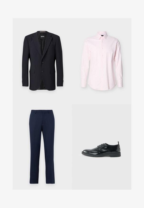 Marineblauwe blazer van textuurstof, met een sluiting met twee knopen, geknipte revers en twee voorzakken. Gevoerde binnenkant met patroon.; Lichtroze overhemd voor heren met lange mouwen, knoopsluiting aan de voorkant en een klassieke kraag, weergegeven op een effen lichte achtergrond.; Marineblauwe op maat gemaakte broek met riemlussen, vooraan ritssluiting en rechtlopende pasvorm tegen een effen witte achtergrond.; Glanzende zwarte lederen nette schoen met lage hak, vetersluiting en ronde neus, van opzij getoond tegen een effen lichte achtergrond.