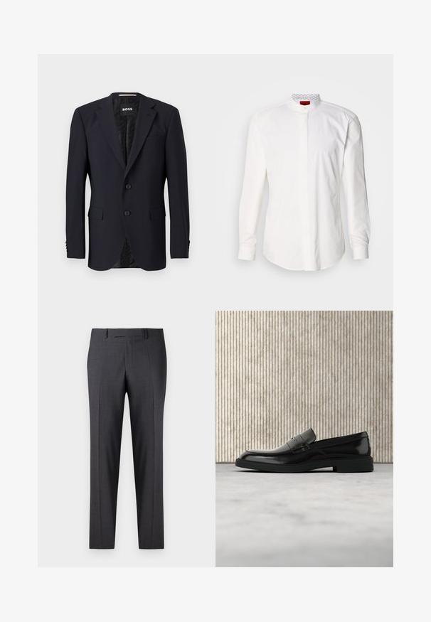Blazer bleu marine en tissu texturé, avec une fermeture à deux boutons, des revers crantés et deux poches avant. Intérieur doublé avec un motif.; Chemise blanche à manches longues avec un col montant, en coton. Comprend une patte de boutonnage à l'avant, un design minimaliste et un marquage subtil sur le col intérieur.; Pantalons gris foncé ajustés en tissu lisse et texturé ; dotés d'un devant plat et de jambes droites ; design minimaliste sans accents visibles.; Mocassin en cuir noir poli flottant au-dessus d'un tapis beige avec un mobilier translucide orange en arrière-plan.