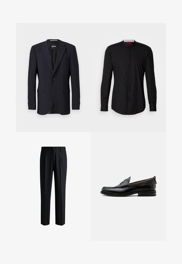 Marineblauwe blazer van textuurstof, met een sluiting met twee knopen, geknipte revers en twee voorzakken. Gevoerde binnenkant met patroon.; Zwart shirt met lange mouwen en een mandarijnkraag, gemaakt van een gladde stof, met een knoopsluiting aan de voorkant en subtiele designdetails.; Zwarte broek van gladde stof, met een rechte pijpdesign, plooien aan de voorkant en een knoopsluiting met riemlussen.; Zwarte leren herensloffen met moc toe stiksel, pennyriem, gestructureerde kraag en lage gestapelde hak op witte achtergrond.