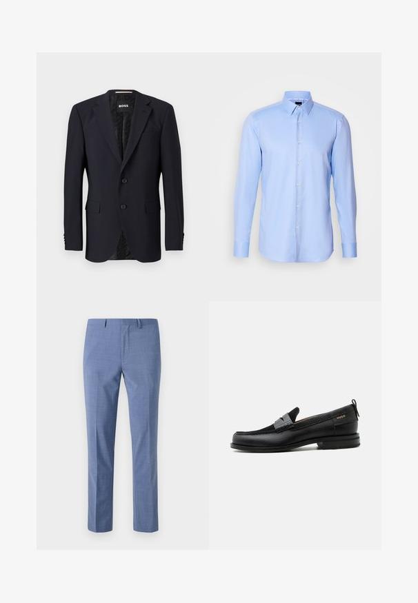 Blazer azul marino hecho de tejido texturizado, con cierre de dos botones, solapas con muesca y dos bolsillos frontales. Interior forrado con un patrón.; Camisa de botones de manga larga color azul claro, hecha de tejido texturizado, con cuello puntiagudo y cierre de botones clásico en la parte delantera.; Pantalones de vestir azul claro, corte ajustado, tejido texturizado, parte frontal plana, bolsillos laterales inclinados y una cintura suave con pasadores para cinturón.; Mocasín de cuero negro con detalle de tira gris, tacón bajo y suela texturizada, con la marca "HUGO" en oro en el lateral.