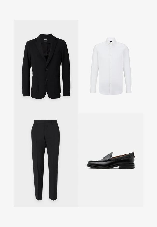 Schwarzer Blazer aus strukturiertem Stoff, mit einem Reverskragen, zwei vorderen Taschen und zwei Knöpfen. Das Etikett trägt die Aufschrift "BOSS".; Weißes Langarmhemd aus glattem Stoff, mit klassischem Kragen und Knopfleiste, strukturiertem Schnitt und dezentem Glanz.; Schwarze Hose mit maßgeschneidertem Design, flacher Vorderseite, Faltendetails und schlanker Passform. Aus einem glatten Stoff für einen eleganten Look.; Schwarzer Leder-Herrenschuh mit Mokassinnaht, Penny-Riemen, strukturiertem Kragen und niedrigem gestapeltem Absatz auf weißem Hintergrund.