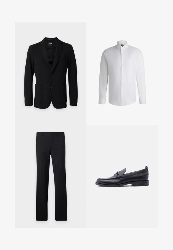 Schwarzer Blazer aus strukturiertem Stoff, mit einem Reverskragen, zwei vorderen Taschen und zwei Knöpfen. Das Etikett trägt die Aufschrift "BOSS".; Weißes Langarmhemd aus glattem Baumwollstoff, mit klassischem Kragen, durchgehender Knopfleiste und geknöpften Manschetten. Minimalistisches Design.; Schwarze maßgeschneiderte Hose mit geradem Schnitt, scharfen Falten und glatter Oberfläche. Hergestellt aus leichtem Stoff mit einem sauberen Bund.; Schwarzer Lederloafer mit grauem, strukturiertem Vorderblatt, silberner Metallschnalle, niedrigem Absatz und Zuglasche hinten.