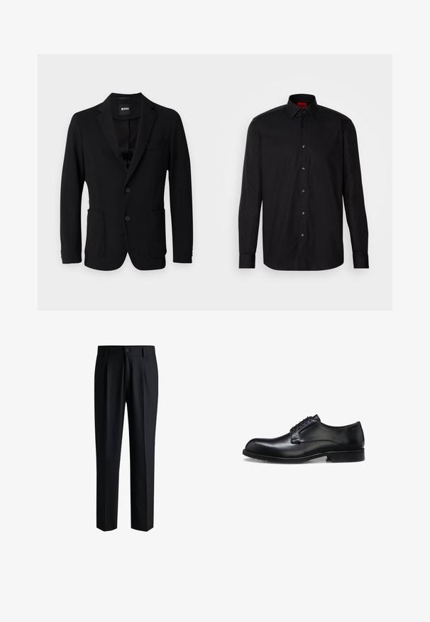 Schwarzer Blazer aus strukturiertem Stoff, mit einem Reverskragen, zwei vorderen Taschen und zwei Knöpfen. Das Etikett trägt die Aufschrift "BOSS".; Schwarzes Langarmhemd aus glattem Stoff, mit klassischem Kragen, Knopfverschluss vorne und taillierter Passform.; Schwarze Hose aus glattem Stoff, mit geradem Bein-Design, Falten vorne und einem Knopfverschluss mit Gürtelschlaufen.; Schwarzer polierter Herrenschuh aus Leder mit geschlossenem Schnürsystem, niedrigem Absatz und dezentem Marken-Detail nahe der Ferse auf weißem Hintergrund.