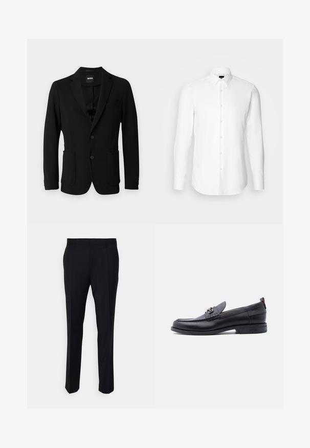 Schwarzer Blazer aus strukturiertem Stoff, mit einem Reverskragen, zwei vorderen Taschen und zwei Knöpfen. Das Etikett trägt die Aufschrift "BOSS".; Weißes Langarmhemd, vorne mit Knöpfen, klassischer Kragen, aus glattem Stoff mit feiner Textur, für eine figurnahe Passform entworfen.; Schwarze Hose aus gewebtem Stoff, mit taillierter Passform, flachem Bund, seitlichen Taschen und geradem Bein.; Schwarzer Lederloafer mit grauem, strukturiertem Vorderblatt, silberner Metallschnalle, niedrigem Absatz und Zuglasche hinten.