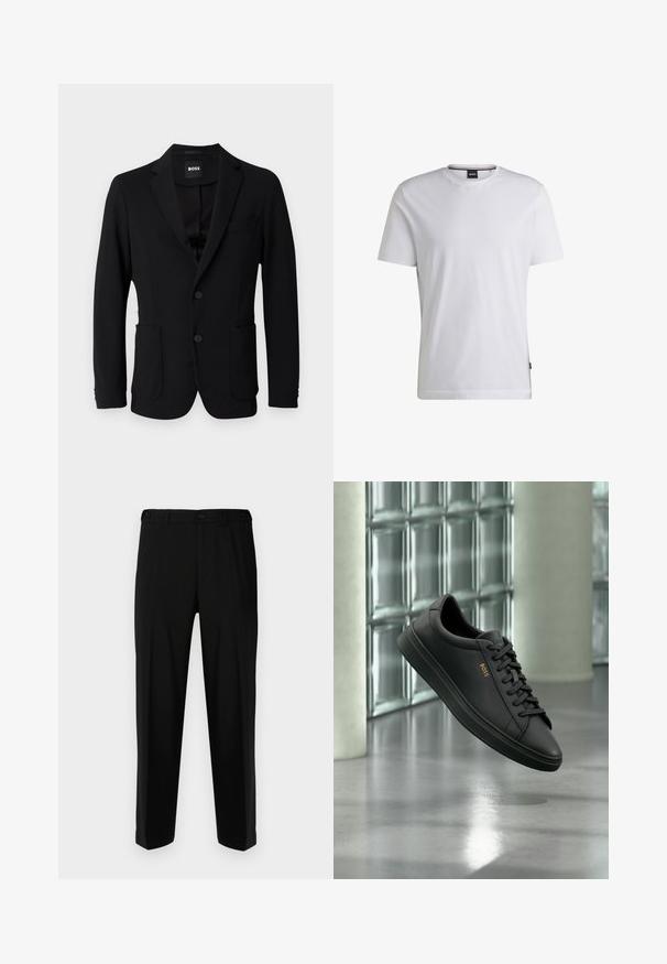 Blazer noir en tissu structuré, avec un col à revers, deux poches avant et deux boutons. L'étiquette indique "BOSS".; T-shirt blanc à manches courtes en coton. Doté d'un col rond et d'une étiquette de marque subtile sur le côté. Texture lisse et design simple.; Pantalon noir en tissu lisse, présentant une coupe droite, deux poches avant et une fermeture à glissière avec bouton.; Baskets basses en cuir noir avec lacets noirs et logo BOSS doré sur le côté, flottant au-dessus d’un sol gris brillant dans un espace intérieur moderne.