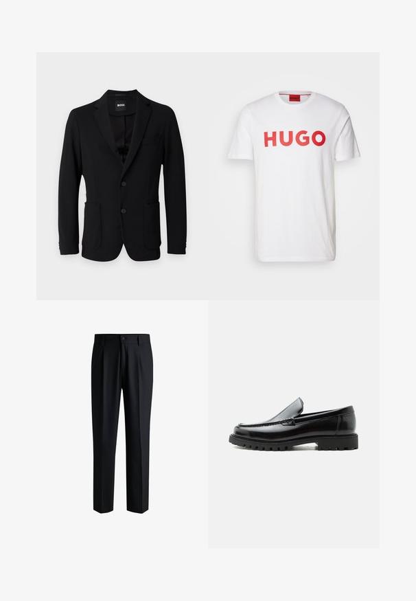 Schwarzer Blazer aus strukturiertem Stoff, mit einem Reverskragen, zwei vorderen Taschen und zwei Knöpfen. Das Etikett trägt die Aufschrift "BOSS".; Weißes Baumwoll-T-Shirt mit fettrotem "HUGO"-Aufdruck auf der Vorderseite, Rundhalsausschnitt und kurzen Ärmeln. Glatte Textur, klassischer Schnitt.; Schwarze Hose aus glattem Stoff, mit geradem Bein-Design, Falten vorne und einem Knopfverschluss mit Gürtelschlaufen.; Schwarzer Lederloafer mit grober Gummisohle, genähter Oberseite und geprägtem Markennamen an der Ferse, seitlich auf weißem Hintergrund gezeigt.