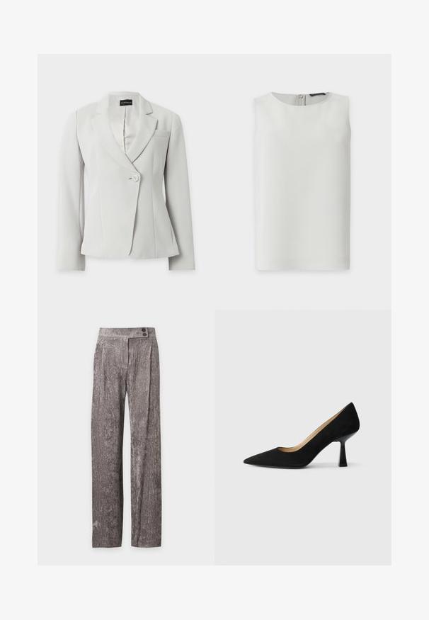 Blazer blanc cintré à manches longues, revers crantés, un bouton à l'avant et une poche poitrine, présenté sur fond uni.; Blouse blanche sans manches avec encolure ronde et fermeture éclair visible dans le dos, présentée sur fond blanc uni.; Pantalon en velours gris à larges jambes plissées, taille haute, avec un détail de rabat latéral boutonné.; Pompe à talons hauts en suède noir avec un bout pointu, dotée d'un talon bloc noir brillant et d'une doublure intérieure lisse.