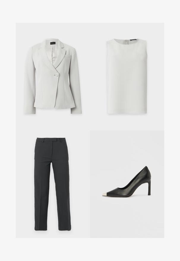 Blazer blanc cintré à manches longues, revers crantés, un bouton à l'avant et une poche poitrine, présenté sur fond uni.; Blouse blanche sans manches avec encolure ronde et fermeture éclair visible dans le dos, présentée sur fond blanc uni.; Pantalons noirs sur mesure avec un design à l'avant plat, passants de ceinture, jambes droites et sans poches visibles. Texture de tissu lisse.; Chaussure à talon haut en cuir noir avec bout pointu et capuchon argenté métallique. Présente une finition lisse et un talon fin de 10 cm.