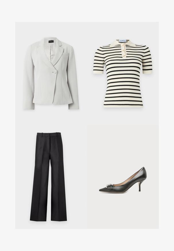 Blazer blanc cintré à manches longues, revers crantés, un bouton à l'avant et une poche poitrine, présenté sur fond uni.; Polo à manches courtes côtelées avec une base crème et des rayures horizontales noires. Comprend également trois boutons dorés et un col.; Pantalon noir à jambes larges avec une texture lisse, doté d'un devant plat, de deux poches latérales et d'une ceinture ajustée avec passants pour ceinture.; Chaussure à talon haut en cuir noir à bout pointu avec talon aiguille de hauteur moyenne et détail de boucle argentée à l’avant, présentée sur fond clair uni.