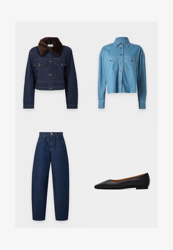 Veste en jean courte bleu foncé avec col en fausse fourrure marron, dotée de deux poches poitrine et de surpiqûres apparentes.; CLOSED CROPPED FRONT OVERSIZED - Chemisier - mid blue; Jean en denim bleu foncé avec une coupe droite, une taille haute, une fermeture à boutons et des coutures orange. Dispose de cinq poches et d'un design classique.; Chaussure plate en cuir noir à bout pointu avec talon bas et finition lisse, vue de côté sur un fond gris clair.
