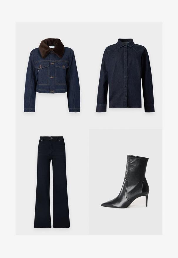 Veste en jean courte bleu foncé avec col en fausse fourrure marron, dotée de deux poches poitrine et de surpiqûres apparentes.; Chemise en denim bleu foncé à manches longues, boutonnée sur le devant, col pointu, avec des détails de couture simples aux épaules et aux poignets.; Jean évasé bleu foncé en denim. Doté d'une fermeture par bouton, de cinq poches, et d'un design épuré avec peu de variations de texture.; Bottes noires à la cheville en cuir lisse, dotées d'un bout pointu, d'un tige ajustée et d'un talon haut fin. Design minimaliste sans quincaillerie visible.