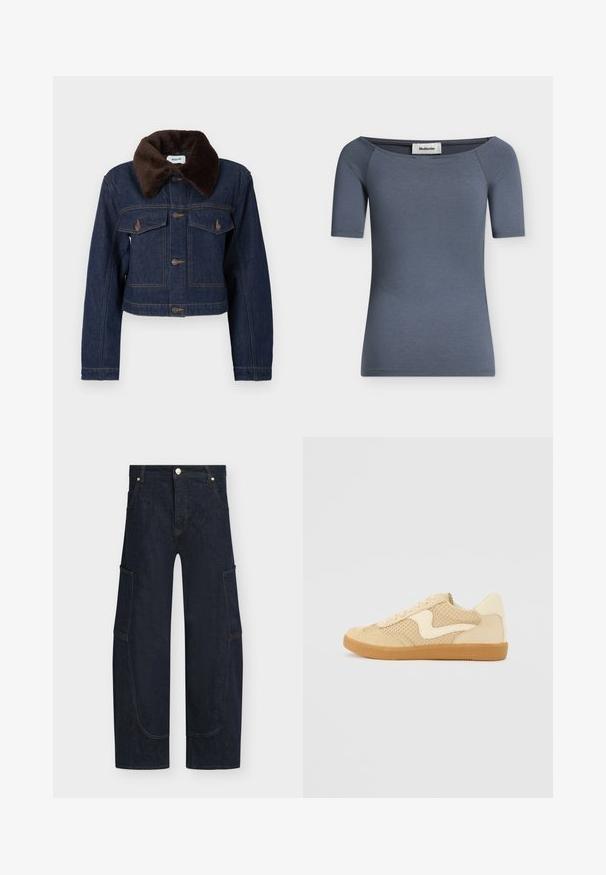 Veste en jean courte bleu foncé avec col en fausse fourrure marron, dotée de deux poches poitrine et de surpiqûres apparentes.; Top femme ajusté à manches courtes en gris foncé avec un large décolleté légèrement tombant sur l'épaule et une étiquette de marque visible à l'intérieur du col.; Pantalon cargo en denim bleu foncé avec jambes larges, fermeture devant par bouton et zip, grandes poches latérales.; Sneaker beige avec des matériaux en daim et en maille, forme arrondie, col rembourré proéminent et semelle en caoutchouc gomme. Présente un accent de design en forme de vague.