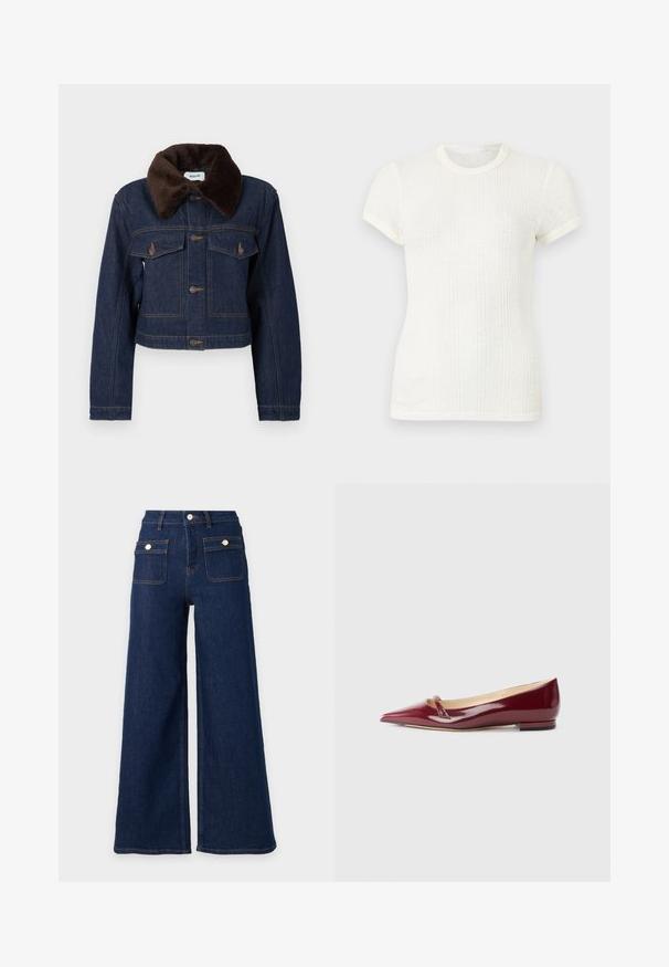 Veste en jean courte bleu foncé avec col en fausse fourrure marron, dotée de deux poches poitrine et de surpiqûres apparentes.; T-shirt blanc en maille côtelée à manches courtes avec col rond et manches légèrement bouffantes.; Jeans en denim bleu foncé à jambes larges, taille haute et deux poches avant à rabat avec boutons.; Ballerines en cuir verni bordeaux avec un bout pointu, présentant un petit détail découpé et un petit talon. Texture lisse et design épuré.