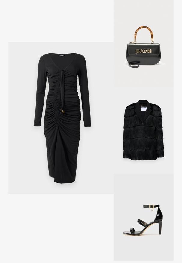 Zwarte jacket met gelaagde franjes, een gekartelde revers en een enkele knoopsluiting. Zachte textuur, gestructureerd ontwerp.; Zwart lange mouwen jurk van rekbaar materiaal, met een V-hals, geplooide details en een trekkoord aan de voorkant met gouden accenten aan de uiteinden.; Zwarte gepatineerde leren sandaal met drie banden, enkelgesp en 10 cm hoge stiletto hak. Bevat gouden hardwaredetails en een logo charm.; Zwarte leren handtas met goudkleurig "Just Cavalli"-logo aan de voorkant en een gebogen bamboe handvat, voorzien van een afneembare lange riem.