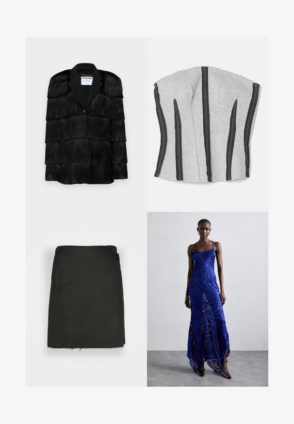 Sort jakke med lagdelte frynser, en ærmeløs klapkrave og en enkelt knaplukning. Blød tekstur, struktureret design.; ECKHAUS LATTA RAW - Top - dust; By Malene Birger ESMAA - A-snit nederdel - black; Blå og lilla dyreprint maxi kjole med tynde stropper, en tætsiddende bodice, flagrende kant og gennemsigtig overlay-detaljering.