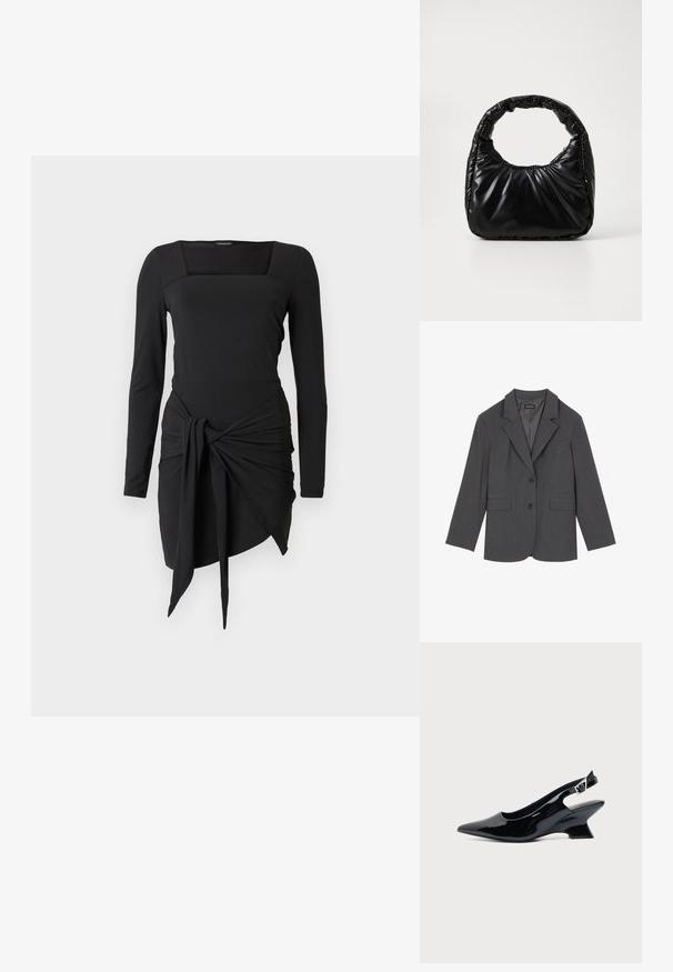 Blazer gris avec revers crantés, deux poches avant et deux boutons. Tissu lisse avec un motif de tissage subtil, coupe structurée et manches longues.; Robe noire à manches longues avec un décolleté carré, dotée d’un nœud décoratif à la taille et d’un ourlet asymétrique. Texture lisse.; Chaussure slingback en cuir verni noir avec bout pointu et petit talon bloc incliné sur fond clair uni.; Sac à main noir rembourré avec une poignée arrondie, présentant une surface lisse et brillante ainsi qu'une texture douce et matelassée. Pas de quincaillerie ou d'accents visibles.