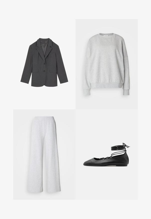 Blazer gris avec revers crantés, deux poches avant et deux boutons. Tissu lisse avec un motif de tissage subtil, coupe structurée et manches longues.; Sweatshirt gris clair en tissu doux, avec un col rond, des épaules tombantes et des poignets et un ourlet côtelés pour une coupe décontractée.; Pantalons larges gris clair avec une taille élastique, fabriqués en tissu doux avec une texture subtile et sans motifs ou accents visibles.; Chaussure de ballet plate en cuir noir avec un bout pointu, plusieurs fines brides sur le dessus et des lacets enroulés autour de la cheville.