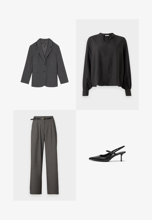 Grijze blazer met geplooide revers, twee voorzakken en twee knopen. Gladde stof met een subtiel geweven patroon, gestructureerde pasvorm en lange mouwen.; Zwarte blouse met lange mouwen, een kraaghals, een ontspannen pasvorm en elastische manchetten. Gemaakt van lichtgewichtig materiaal met een soepele textuur.; Grijze pantalon met hoge taille, plooien en zijzakken, gestyled met een dunne zwarte riem met een ronde gouden gesp.; Zwarte leren slingback hakken met een puntige neus, slanke verstelbare band en een ongeveer 5 cm hoge stiletto hak, met een gladde textuur.