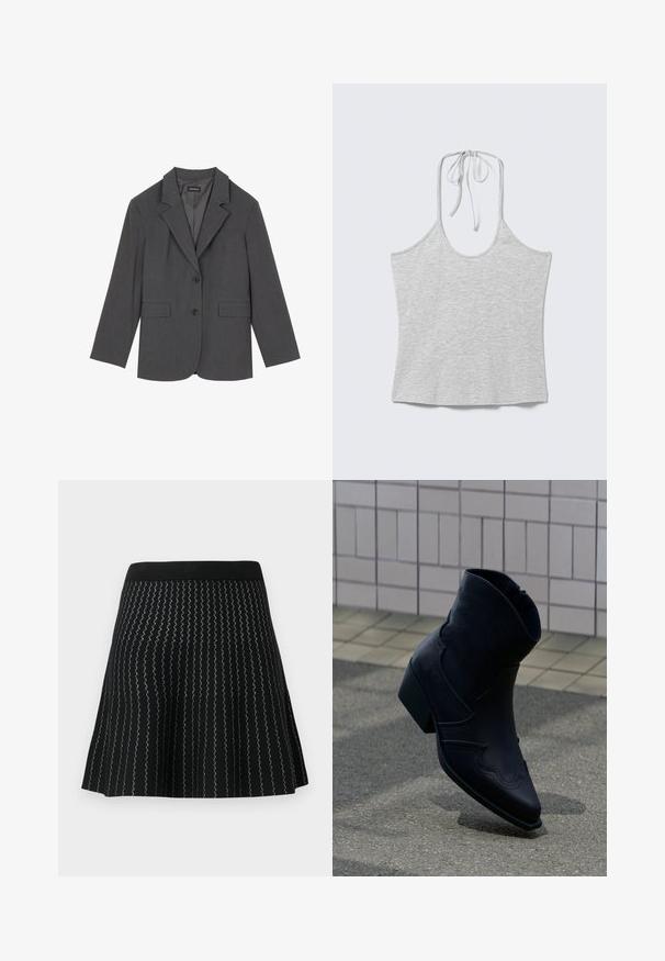 Grijze blazer met geplooide revers, twee voorzakken en twee knopen. Gladde stof met een subtiel geweven patroon, gestructureerde pasvorm en lange mouwen.; Lichtgrijs mouwloos haltertop met een strik bij de hals, plat gelegd tegen een witte achtergrond.; Zwarte rok met een gemêleerd breigoed met zigzag zilveren strepen, uitlopende ontwerp en een effen zwarte tailleband.; Zwarte leren enkellaars met lage hak, decoratieve stiksels en puntige neus, rechtop geplaatst op een betegelde ondergrond naast een betegelde muur.