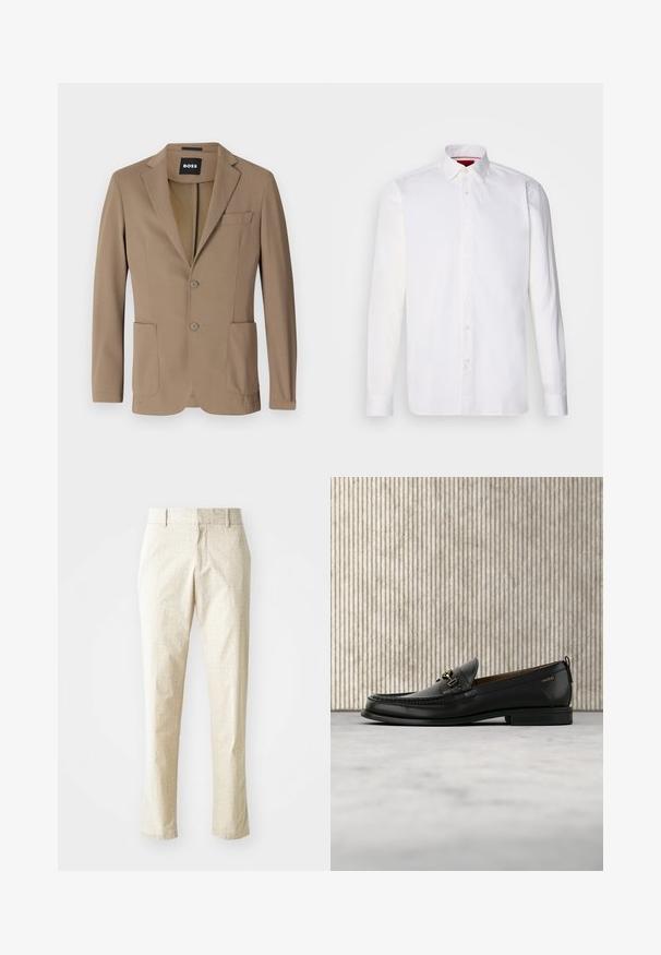 Hnedý blazer vyrobený z textúrovanej tkaniny, s dvoma prednými vreckami, jedným náprsním vreckom a dvomi gombíkmi na zapínanie. Strih na mieru.; Biela košeľa s dlhým rukávom vyrobená z bavlny, s klasickým golierom, predným zapínaním na gombíky a hladkou textúrou. Červený detail na vnútornej strane goliera.; Svetlo béžové tailored nohavice s textúrovaným vzorom, priame nohavice a stredne vysoký pás, s pútkami na opasok a bez viditeľných vreciek.; Čierny kožený mokasín s pozláteným kovovým detailom a značkou "HUGO", vystavený na béžovom koberci a v pozadí hnedý priehľadný nábytok.