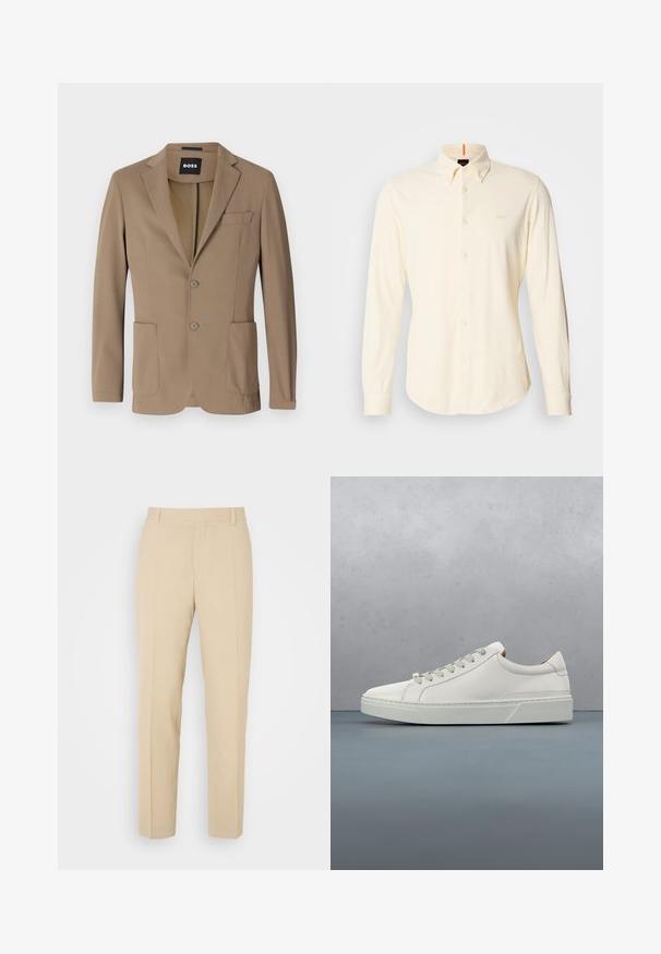 Blazer marrón hecho de un tejido texturizado, con dos bolsillos frontales, un bolsillo en el pecho y dos cierres de botón. Diseño ajustado.; Camisa de manga larga, tipo botoné, en algodón color beige claro; cuenta con un cuello clásico y un pequeño detalle de logo en la parte superior izquierda del pecho.; Pantalones de color beige ajustados con un diseño de pierna recta, elaborados en una tela ligera, que presentan dos bolsillos frontales y pliegues bien planchados.; Zapatilla blanca de cuero con punta redondeada, diseño minimalista, cordones grises y suela de goma texturizada gris. Detalles de costura sutiles visibles.