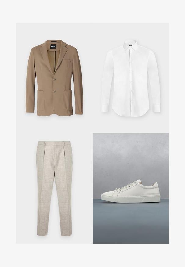 Brauner Blazer aus strukturiertem Stoff, mit zwei vorderen Taschen, einer Brusttasche und zwei Knopfschließungen. Maßgeschneiderte Passform.; Weißes, langärmliges Hemd mit Knöpfen und spitzem Kragen, flach auf einem hellgrauen Hintergrund liegend.; Hellegraue, zugeschnittene Hosen aus strukturiertem Material, mit flachem Frontdesign, zwei vorderen Falten und schlank zulaufenden Beinen, die knapp oberhalb der Knöchel enden.; Weißes Leder-Sneaker mit abgerundetem Zehenbereich, minimalistisches Design, graue Schnürsenkel und einer strukturierten grauen Gummisohle. Dezente Nähte sichtbar.