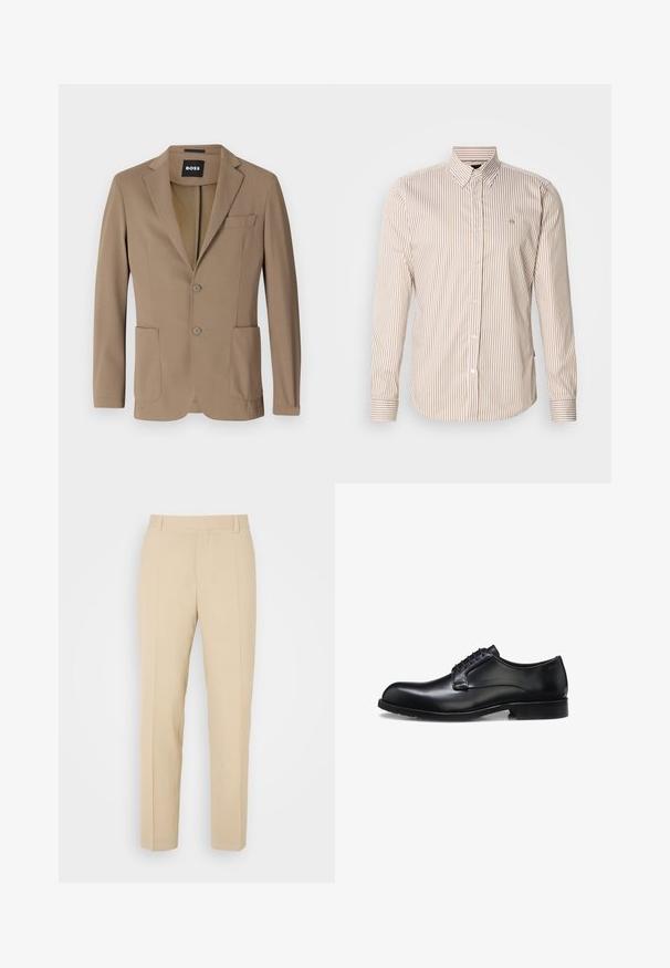Brauner Blazer aus strukturiertem Stoff, mit zwei vorderen Taschen, einer Brusttasche und zwei Knopfschließungen. Maßgeschneiderte Passform.; Gestreiftes Hemd in Beige und Hellbraun mit Knopfleiste. Lange Ärmel, klassischer Kragen, Knöpfe vorne und ein kleines Logo auf der Brust. Baumwollstoff.; Beige maßgeschneiderte Hosen mit geradem Bein, aus leichtem Stoff, mit zwei vorderen Taschen und ordentlich gebügelten Falten.; Schwarzer polierter Herrenschuh aus Leder mit geschlossenem Schnürsystem, niedrigem Absatz und dezentem Marken-Detail nahe der Ferse auf weißem Hintergrund.