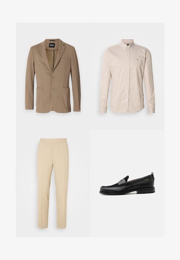 Bruine blazer van textiel met een structuur, voorzien van twee voorzakken, een enkele borstzak en twee knoopsluiten. Getailleerd ontwerp.; Gestreept overhemd met knoopjes in beige en lichtbruin. Lange mouwen, klassieke kraag, knopen aan de voorkant en een klein logo op de borst. Gemaakt van katoen.; Beige op maat gemaakte broek met een recht gesneden ontwerp, gemaakt van lichtgewicht stof, met twee voorzakken en nette, geplooide vouwen.; Zwarte leren loafer met grijs riemdetailelement, lage hak en gestructureerde zool, aan de zijkant gebrandmerkt met "HUGO" in goud.