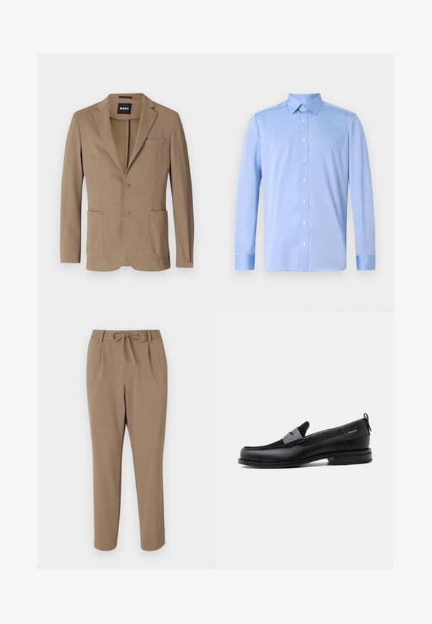 Brauner Blazer aus strukturiertem Stoff, mit zwei vorderen Taschen, einer Brusttasche und zwei Knopfschließungen. Maßgeschneiderte Passform.; Helles blaues Hemd mit langen Ärmeln, klassischem Kragen und weißen Knöpfen. Der Stoff wirkt glatt mit einer subtilen Textur.; Beige leicht taillierte Hose mit einem Kordelzugbund, seitlichen Taschen und einer glatten Textur. Keine sichtbaren Muster oder zusätzlichen Akzente.; Schwarzer Lederloafer mit grauem Riemendetail, niedrigem Absatz und strukturierter Sohle, seitlich mit „HUGO“ in Gold gebrandmarkt.