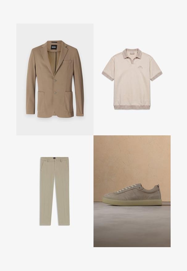 Blazer marrón hecho de un tejido texturizado, con dos bolsillos frontales, un bolsillo en el pecho y dos cierres de botón. Diseño ajustado.; Polo beige de manga corta con cuello, puños y dobladillo texturizados, y el logo "PEGADOR" en el pecho izquierdo.; Pantalones beiges con un diseño de pierna recta, que cuentan con bolsillos delanteros y cierre de cremallera. Fabricados con un tejido ligero y de textura suave.; Zapatilla beige de ante con cordones blancos flotando sobre una alfombra beige texturizada, una mesa redonda de madera y libros en un ambiente neutro de sala de estar.