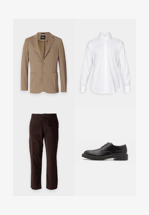 Brun blazer lavet af tekstureret stof, med to forlommer, en enkelt brystlomme og to knaplukninger. Skræddersyet design.; Hvid langærmet skjorte med knaplukning, klassisk krave, glat stof og frontplacket med lette, rundede knapper.; Brune fløjl bukser med lige ben design, med knaplukning og subtil tekstur. Ideelle til afslappet eller semi-formelt brug.; Sorte læder snørestøvle med rund tå, glat tekstur, minimal syning og lav gummihæl. Logo på hælen.