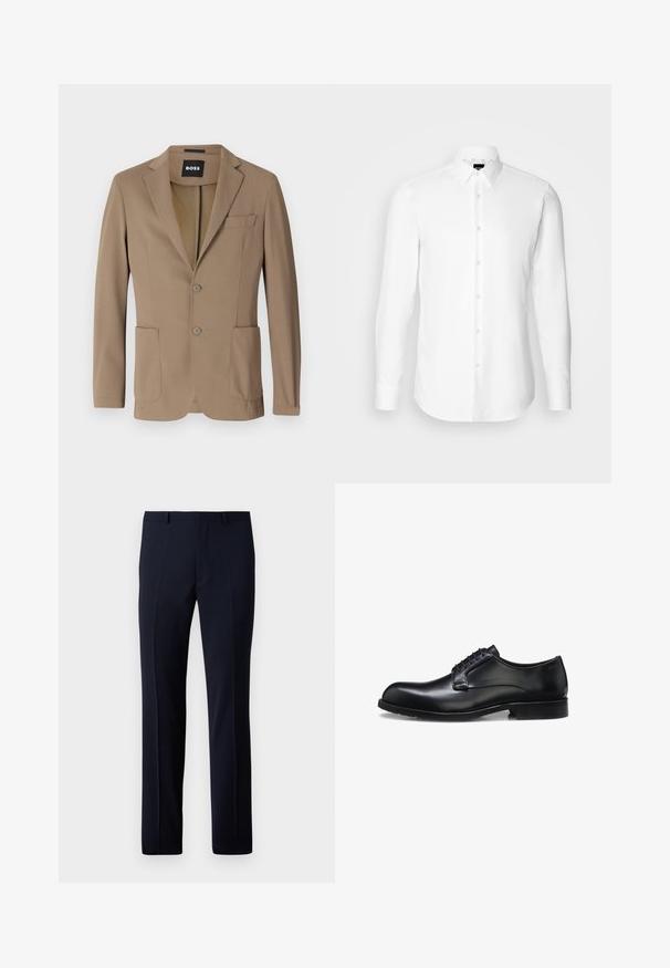 Blazer marrón hecho de un tejido texturizado, con dos bolsillos frontales, un bolsillo en el pecho y dos cierres de botón. Diseño ajustado.; Camisa blanca de manga larga, con cierre de botones en el frente, cuello clásico, confeccionada con una tela suave con una textura sutil, diseñada para un ajuste entallado.; Pantalones a medida azul marino con corte recto, que cuentan con dos pliegues frontales y una textura suave. Construidos con una tela ligera.; Zapato de vestir para hombre de cuero negro pulido con cordones cerrados, tacón bajo y detalle sutil de marca cerca del talón sobre un fondo blanco.