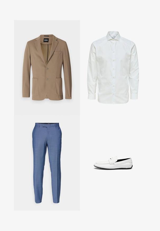 Blazer marrón hecho de un tejido texturizado, con dos bolsillos frontales, un bolsillo en el pecho y dos cierres de botón. Diseño ajustado.; Camisa blanca de vestir de manga larga con botones en la parte delantera y cuello puntiagudo, mostrada sobre un fondo blanco.; Pantalones ajustados de color azul claro con una tela texturizada. Presentan un frente plano, piernas estrechas y una cremallera con cierre de gancho.; Mocasines de cuero blanco con un acabado suave, que presentan un acento cosido, una punta redondeada y una suela de goma negra para mayor agarre.