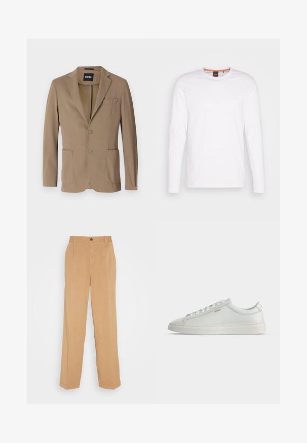 Blazer marrón hecho de un tejido texturizado, con dos bolsillos frontales, un bolsillo en el pecho y dos cierres de botón. Diseño ajustado.; Camiseta de manga larga blanca de algodón. Presenta un cuello redondo y un pequeño logo en relieve en el lado izquierdo del pecho. Textura suave.; Pantalones de pierna ancha en beige, fabricados con tejido suave, que cuentan con dos bolsillos frontales, un cierre de botón y detalles de pliegues a lo largo de las piernas.; Zapatilla blanca de cuero de corte bajo con cordones, suela plana y pequeño logo dorado "BOSS" en el lateral, vista desde el lado exterior.