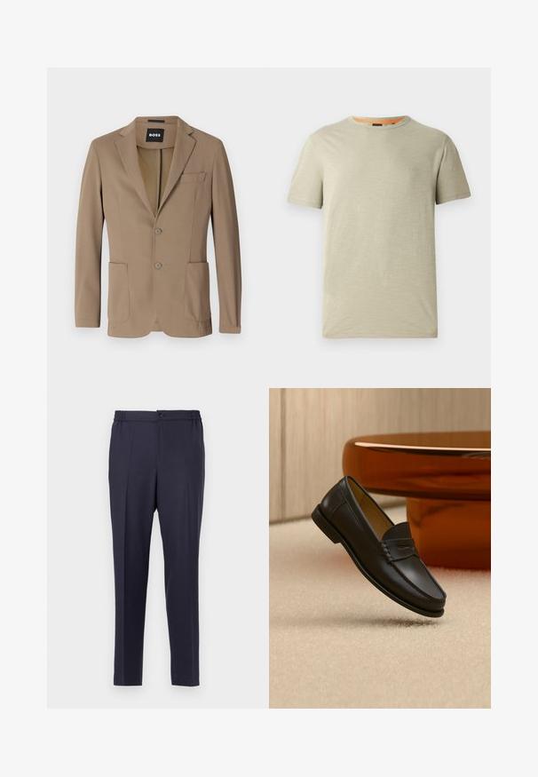 Brun blazer lavet af tekstureret stof, med to forlommer, en enkelt brystlomme og to knaplukninger. Skræddersyet design.; Lys grøn kortærmet t-shirt lavet af tekstureret stof. Har en rund halsudskæring og et lille præget "BOSS" logo på brystet.; Marineblå bukser med flad front, elastisk talje og knaplukning. Lige snit og glat tekstur, velegnet til både formelt og afslappet brug.; Sort læder loafer-sko hængende over beige tæppe med ravfarvet moderne møblement i baggrunden.