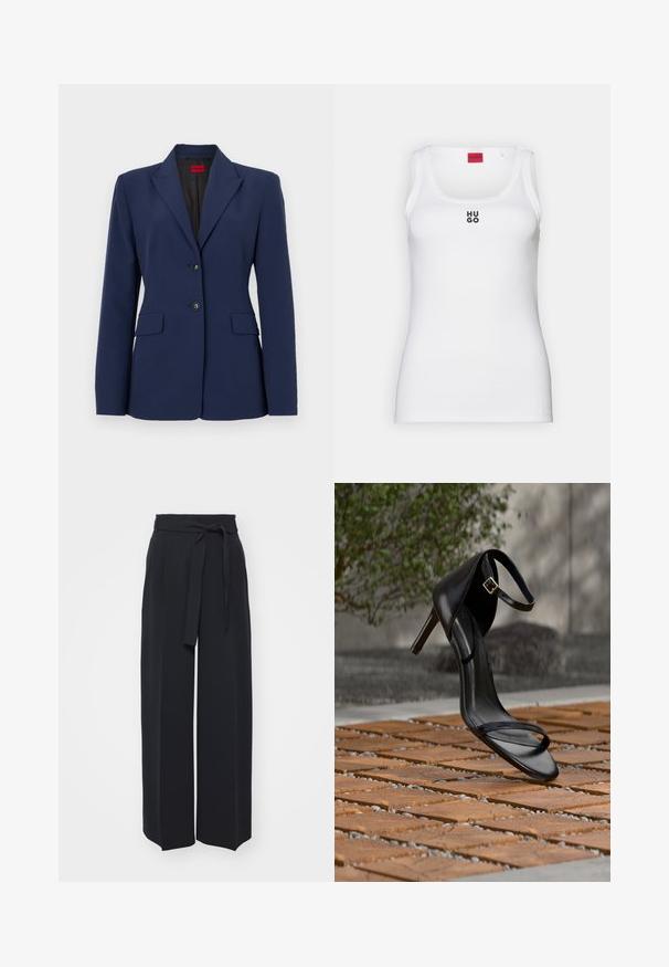 Blazer bleu marine en tissu lisse, avec un col cranté, deux poches avant et une fermeture à deux boutons avec des boutons noirs.; Débardeur blanc en coton, avec un design simple, un col rond et un logo "HUGO" noir au centre. Texture lisse.; Pantalons noirs à jambes larges en tissu doux. Dotés d'une taille ceinturée et de plis avant. Texture lisse avec un design épuré et contemporain.; Sandale noire à talon haut avec sangle à la cheville, suspendue au-dessus d'un sol en carreaux de bois à l'extérieur, avec un arrière-plan flou de verdure et de pierre.