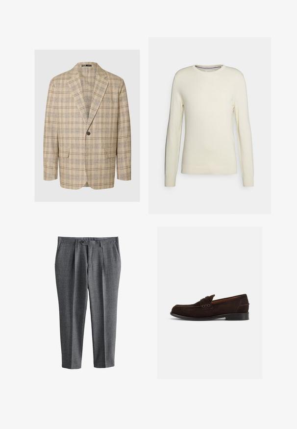 Lys beige blazer med et ternet mønster i brun og marineblå. Har klippede kraver, en enkelt knaplukning og to forlommer.; Cremefarvet sweater med rund hals, lange ærmer, ribbede manchetter og kant. Fremstillet af blødt strikket stof uden mønstre eller pynt.; Grå skræddersyede herrebukser med frontknap og lynlås, sidelommer og lige ben pasform.; Mørkebrune mokkasiner til mænd i ruskind med dekorative syninger og lav hæl, vist fra ydersiden på en ensartet lys baggrund.