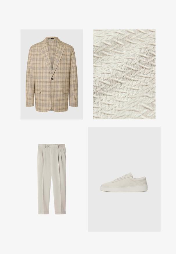 Lichtbeige blazer met een geruit patroon in bruin en marineblauw. Heeft notch-lapels, een enkele knoopsluiting en twee voorzakken.; Getextureerde stof in crèmekleur, met een zigzagpatroon en verhoogde draden voor extra diepte en dimensie. Lichtgewicht en zachte textuur.; Lichtbeige, op maat gemaakte broek met plooien, riemlussen, zijzakken, knoopsluiting en omgeslagen zomen.; Beige sneakers met een zachte suede afwerking, ronde neus en platte rubberen zool. Beschikt over vetersluiting en een minimalistisch ontwerp met subtiele stiksels.