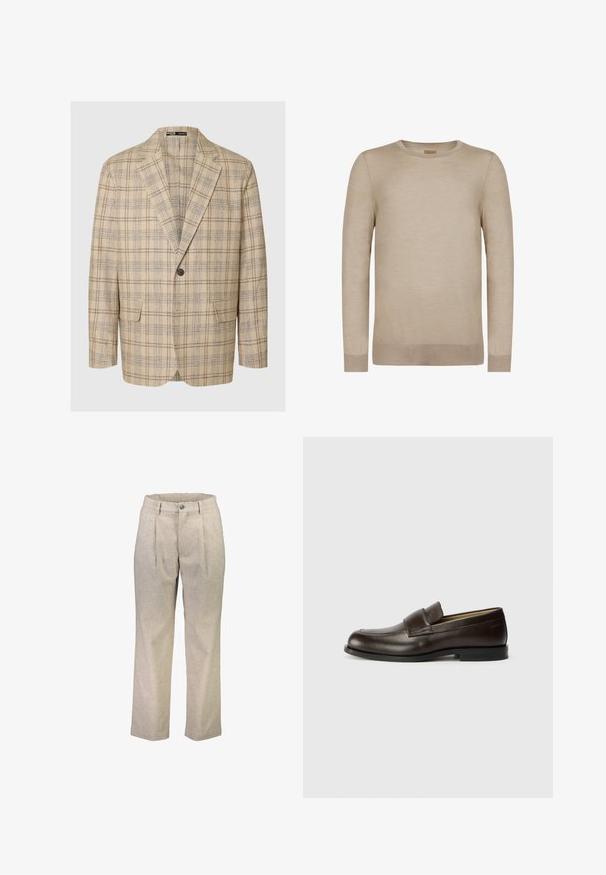 Lys beige blazer med et ternet mønster i brun og marineblå. Har klippede kraver, en enkelt knaplukning og to forlommer.; Beige langærmet crewneck-trøje med ribstrikkede manchetter og kant, sømløst design og blødt strikket stof.; Beige uldblandede bukser med lige snit, der har to frontfolder, en knaplukning og sidelommer. Glat tekstur.; Calvin Klein Loafers - cocoa brown