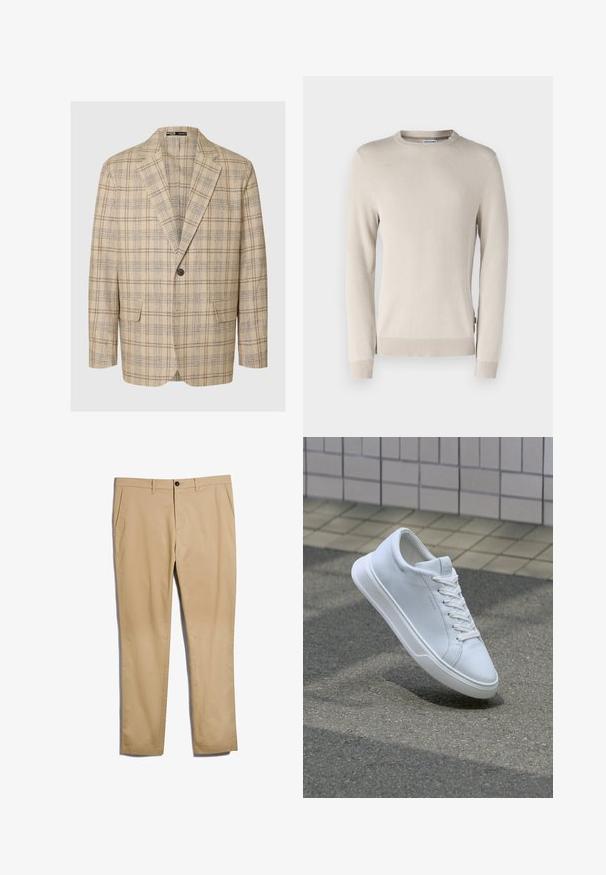 Lichtbeige blazer met een geruit patroon in bruin en marineblauw. Heeft notch-lapels, een enkele knoopsluiting en twee voorzakken.; Beige gebreide trui met een gestructureerd patroon, ronde halslijn en ribgebreide manchetten en zoom. Gemaakt van zacht, ademend materiaal.; Beige katoenen chinos met een recht model, voorzien van zijzakken, een sluiting met een knoop aan de voorkant en een gladde, geweven textuur.; Witte lage sneaker met veters zwevend boven gestructureerd asfalt en een beige betegeld oppervlak op de achtergrond.