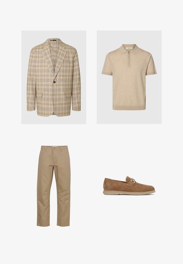Lys beige blazer med et ternet mønster i brun og marineblå. Har klippede kraver, en enkelt knaplukning og to forlommer.; Beige polo-shirt med korte ærmer, lynlås i kraven og tætsiddende kant, lavet af let strikstof.; Beige bomuldsbukser med lige ben-design, der har en frontknap og lynlås lukning, sidelommer og et rent finish.; Brune ruskindslædersko med en rundet form, der har en sølvfarvet hardware-detalje på remmen og en beige gummisål.