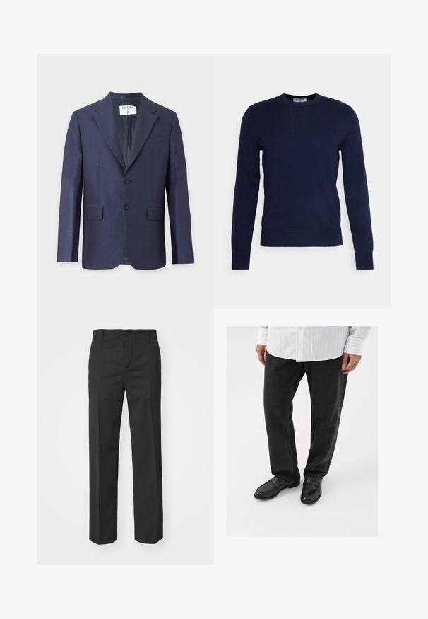 Blazer bleu marine pour homme avec revers à encoche, fermeture à deux boutons sur le devant, poches à rabat et une poche poitrine sur fond uni.; Pull à col rond bleu marine en tissu doux, avec des manches longues et un ourlet côtelé. Pas de motifs ni d'ornements visibles.; Filippa K TROY TROUSERS - Pantalon classique - black; Pantalons en denim noir associés à des mocassins noirs brillants. La chemise est blanche avec de fines rayures verticales, avec des manches longues et un col boutonné.