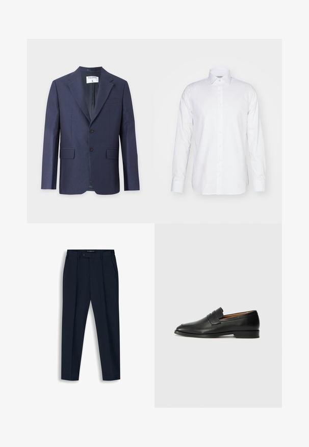 Blazer bleu marine pour homme avec revers à encoche, fermeture à deux boutons sur le devant, poches à rabat et une poche poitrine sur fond uni.; Chemise blanche à manches longues en coton, avec un col, un devant à boutons et une coupe ajustée avec des fentes latérales à l'ourlet.; Pantalon formel bleu marine avec fermeture à bouton et zip, passants de ceinture, poches latérales et coupe droite.; Mocassin en cuir noir avec un bout arrondi, des coutures subtiles et un talon bas, présentant une texture lisse et un design minimaliste.