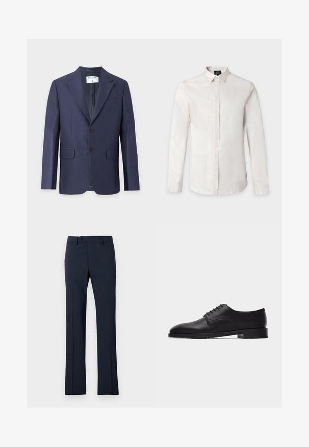 Blazer bleu marine pour homme avec revers à encoche, fermeture à deux boutons sur le devant, poches à rabat et une poche poitrine sur fond uni.; Chemise blanche à manches longues avec col pointu et patte de boutonnage dissimulée sur fond uni.; Pantalons de costume bleu marine en tissu lisse, avec une coupe droite, une fermeture à bouton et des plis frontaux.; Chaussure Oxford en cuir noir pour hommes, avec laçage fermé et petit talon empilé, vue de profil sur fond blanc.