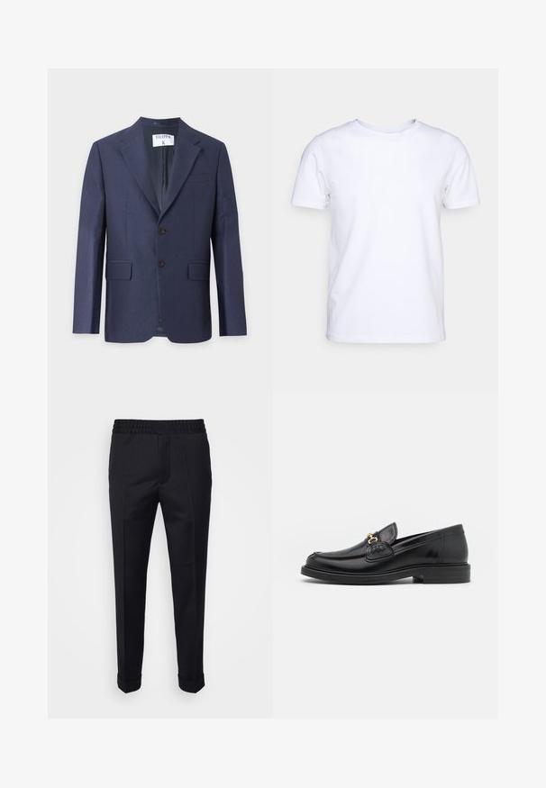 Blazer bleu marine pour homme avec revers à encoche, fermeture à deux boutons sur le devant, poches à rabat et une poche poitrine sur fond uni.; T-shirt blanc à manches courtes en tissu de coton avec un col rond. Design simple sans motifs ni accents. Texture lisse.; Pantalon noir en tissu léger, avec une taille élastique, des poches latérales et des poignets roulés. Texture lisse avec des plis à l'avant.; Mocassins en cuir noir avec un embout rond, présentant des accents en métal doré et des détails de couture, montés sur une semelle en caoutchouc texturé et basse.