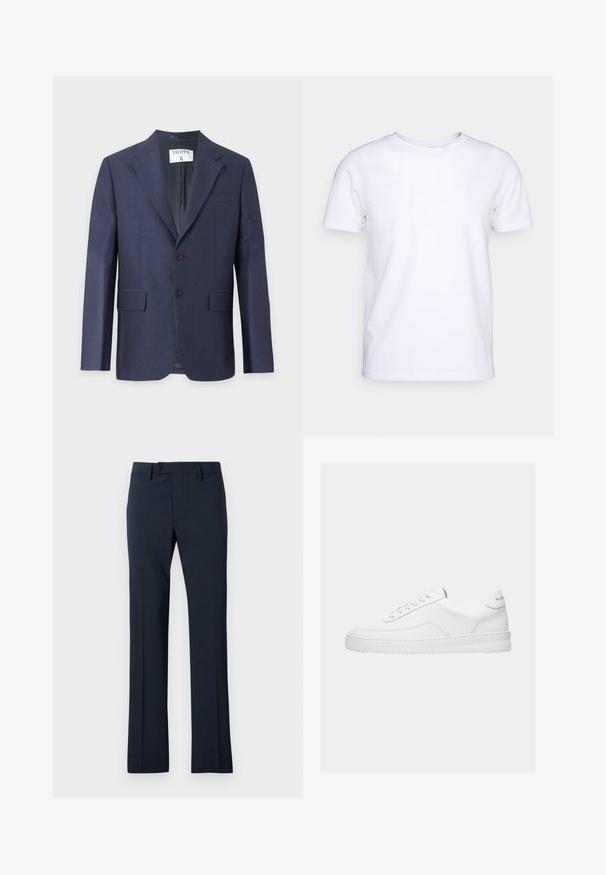 Blazer bleu marine pour homme avec revers à encoche, fermeture à deux boutons sur le devant, poches à rabat et une poche poitrine sur fond uni.; T-shirt blanc à manches courtes en tissu de coton avec un col rond. Design simple sans motifs ni accents. Texture lisse.; Pantalons de costume bleu marine en tissu lisse, avec une coupe droite, une fermeture à bouton et des plis frontaux.; Baskets basses blanches avec un design à lacets, dessus en cuir lisse et semelle épaisse, montrées de profil sur un fond uni.