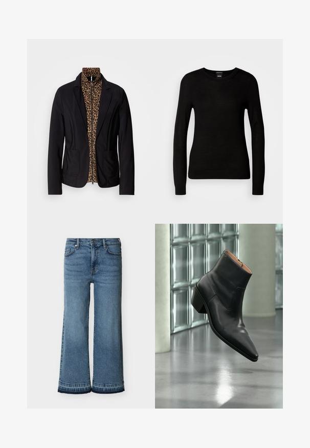 Blazer noir avec doublure intérieure en imprimé léopard et fermeture zippée. Présente deux poches avant et des épaules structurées. Texture lisse.; Pull noir en maille fine, avec un col rond et des manches longues à poignets ajustés. Pas de motifs ou d'ornements visibles.; Jean en denim bleu taille haute à jambes larges avec fermeture à boutons et zip, poches avant, passants pour ceinture et ourlets cousus.; Bottine en cuir noir avec un bout pointu et un talon carré lévitant au-dessus d'un sol gris réfléchissant près d'un mur en blocs de verre.
