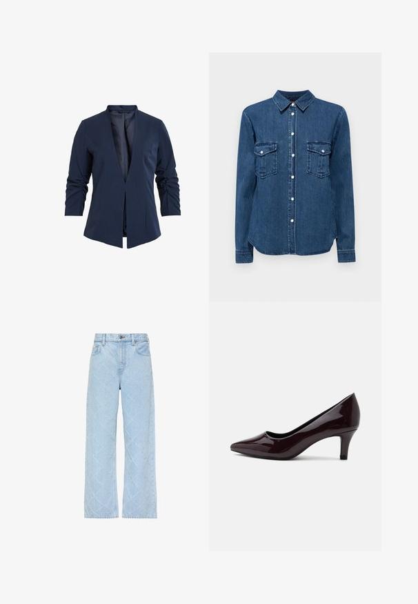 Blazer navy en una tela suave con escote en V profundo, mangas largas y detalles fruncidos en las mangas. Diseño de frente abierto.; Camisa de denim en azul oscuro, con cuello, cierre de botones en la parte delantera y dos bolsillos en el pecho con solapas. Mangas largas con puños abotonados.; Vaqueros de mezclilla azul claro con cintura alta y piernas anchas, con un sutil patrón acolchado de diamantes por todo el tejido.; Zapato de mujer tipo pump de charol burdeos oscuro con punta puntiaguda y tacón bajo tipo kitten sobre un fondo claro liso.